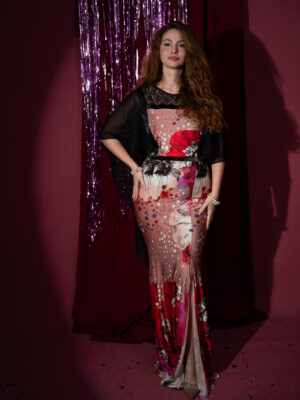 Red poppy with black organza